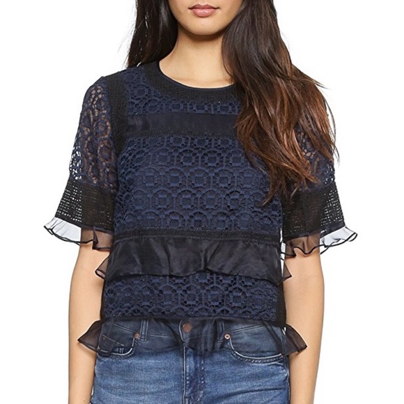 Rebecca Taylor Tops - Rebecca Taylor Lace Boxy Blouse with Mesh Ruffles